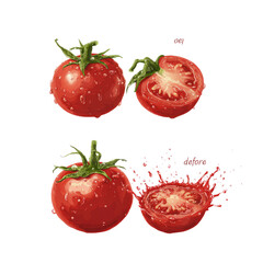 Two whole and two halved tomatoes, one whole and one halved tomato splashing juice, with water droplets