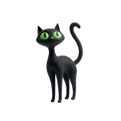 Cartoonish black cat with large green eyes standing against a black background.