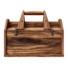 Rustic wooden toolbox with metal latches and a sturdy handle, isolated on a black background.