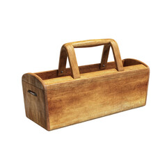 Rustic wooden toolbox with a curved handle and side grips, isolated on a black background.