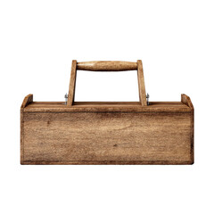 Rustic wooden toolbox with a sturdy handle and metal accents, isolated on a black background.
