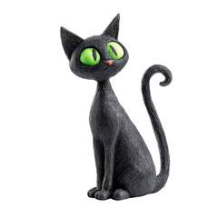 Stylized black cat with bright green eyes sitting against a black background
