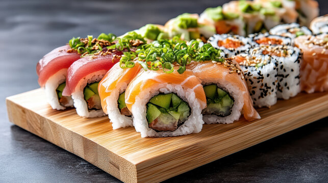 Salmon roll tuna roll avocado roll sushi platter fresh seafood delight