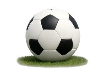 Obraz premium Classic soccer ball standing on green grass, black and white football on transparent background for sports concepts