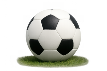 Classic soccer ball standing on green grass, black and white football on transparent background for sports concepts