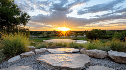 Sunset garden stone pathway pond warm glow peaceful landscape