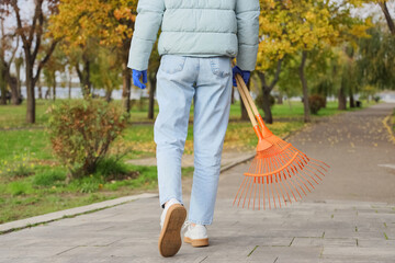 Woman with rake in park on autumn day, back view
