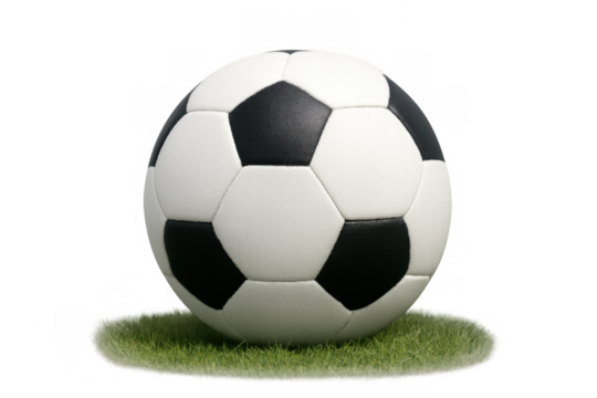 Classic soccer ball standing on green grass, black and white football on transparent background for sports concepts
