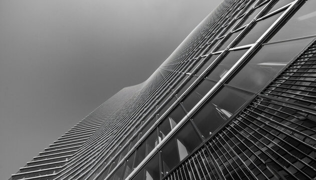 Low-angle black and white shot of a modern skyscraper's exterior with a geometric pattern of windows and metal beams against a cloudy sky.
