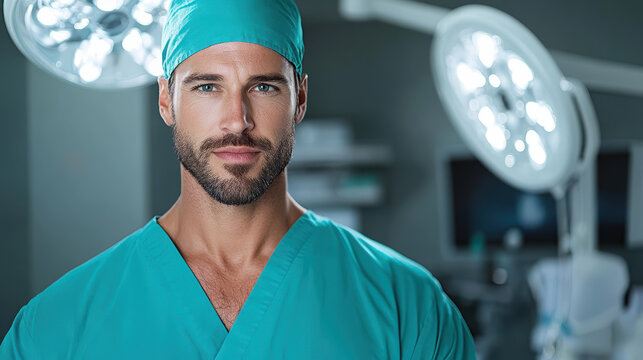 Surgeon in teal scrub cap and gown focused under operating lights, confident expression