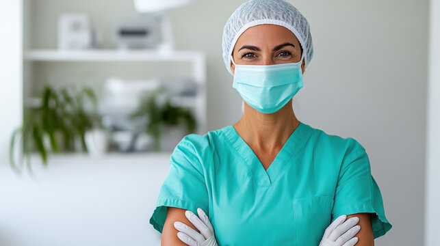 Confident female surgeon in scrubs and mask preparing for delicate procedure with focus