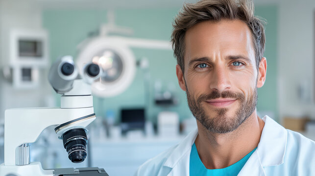 Confident male surgeon in surgical coat with microscope in clinic, focused and calm