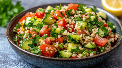 Fresh bulgur tabbouleh salad with cucumber tomato parsley and lemon zest
