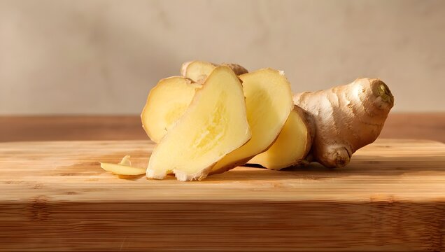 A realistic close-up of fresh ginger being sliced on a board.