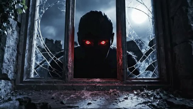 Creepy Gothic Tower Window With Glowing Red Eyed Figure Silhouetted At Night With Full Moon