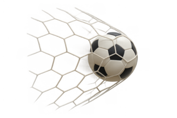 Soccer ball hitting goal net, scoring point, celebrating victory, success in a game on transparent background