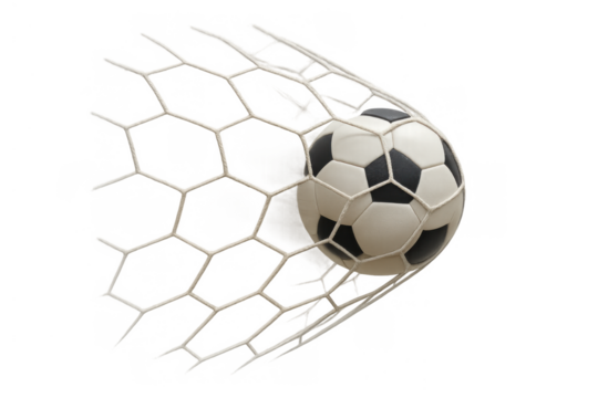 Soccer ball hitting goal net, scoring point, celebrating victory, success in a game on transparent background - Powered by Adobe