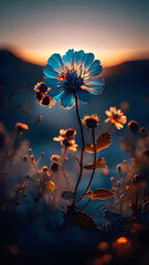 Radiant Blue Wildflower at Sunset with Cinematic Backlighting and Bokeh