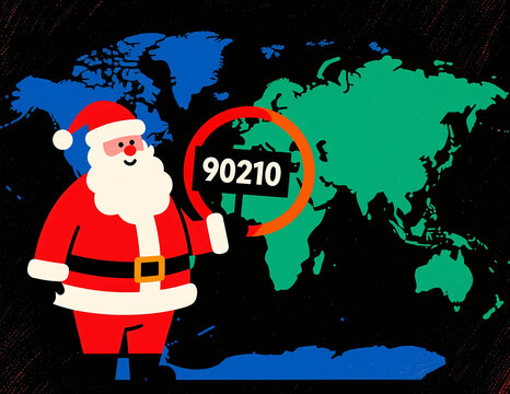 Santa Claus points to zip code 90210 on world map