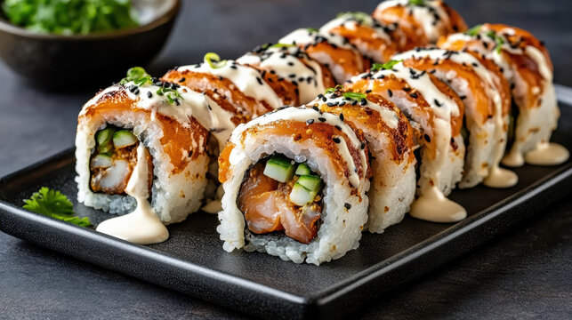Smoked salmon sushi roll with cucumber and creamy sauce, appetizing plated bite