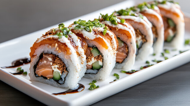 Salmon sushi roll with creamy sauce and chives, appetizing plated sushi roll