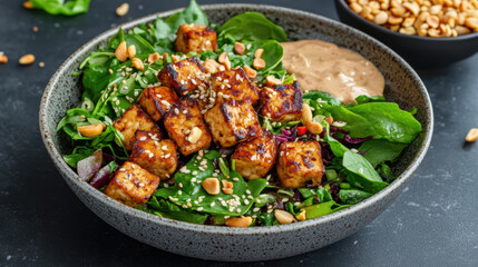 Fototapeta premium Grilled tempeh nourish bowl greens sesame ginger dressing with tofu and peanuts, savory delight