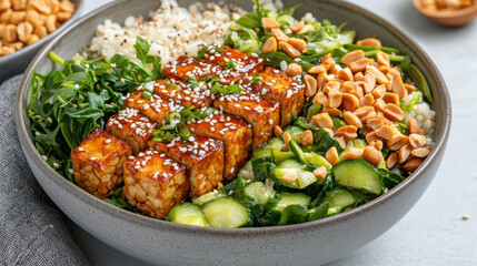 Fototapeta premium Glazed tempeh bowl with rice greens cucumber peanuts sesame garnish, fresh and savory