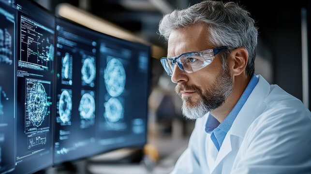 Experienced scientist analyzing neural data on multiple screens, focused and thoughtful