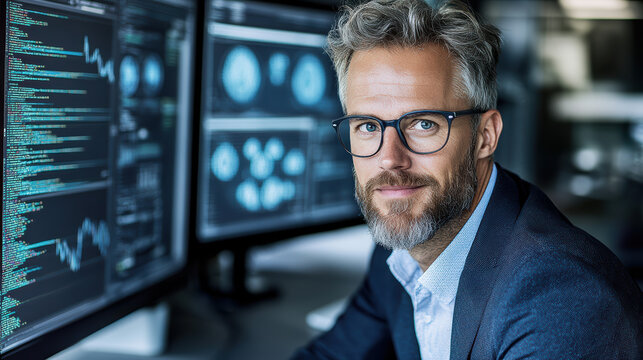 Experienced technologist analyzing medical data and graphs with focused expression