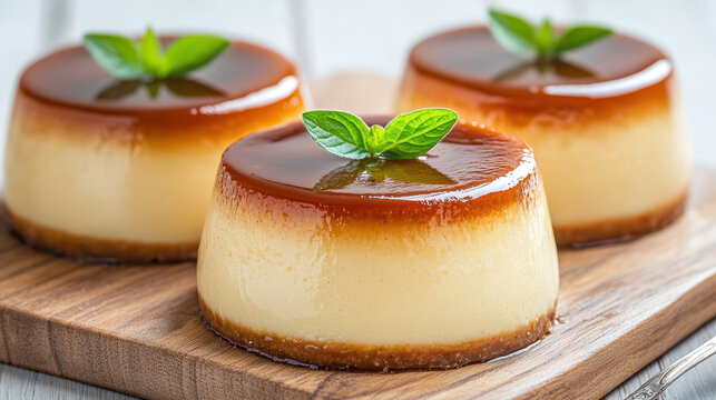 Silky caramel flan with pandan leaf garnish on wooden board, creamy dessert delight