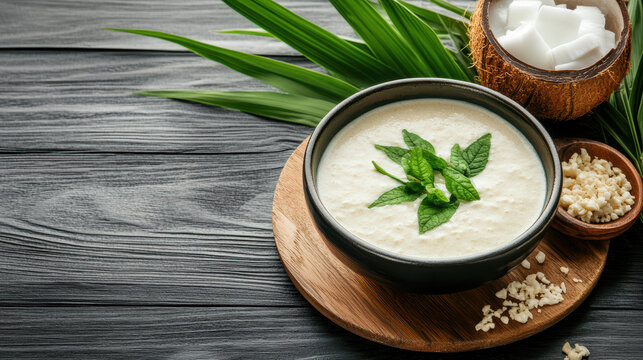 Creamy coconut pudding garnished with pandan leaf on wooden board, fresh coconut