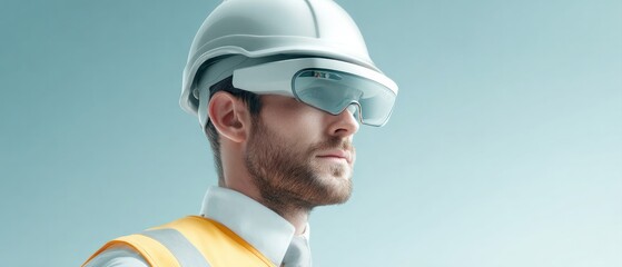 Engineer wearing augmented reality smart glasses and white safety helmet for advanced digital integration in construction fieldwork