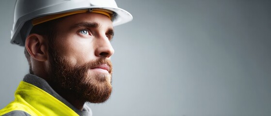 Confident male construction worker wearing white safety helmet and high visibility jacket looking forward in industrial environment