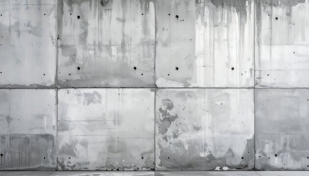 Close-up of a weathered, textured concrete wall, comprised of square panels