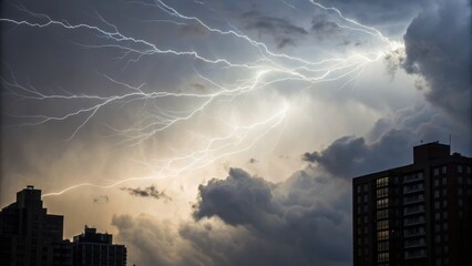Noise pollution and mental health concept. Dramatic storm clouds with lightning striking against a city skyline backdrop.