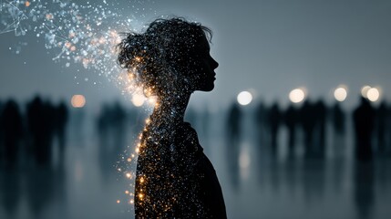 Stunning silhouette of a person dissolving into sparkling digital particles, representing innovation, transformation, and the future of technology and thought.