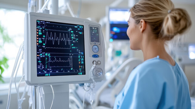 Monitor display waveform vital sign monitor hospital ICU showing steady heart rate and soft beeps