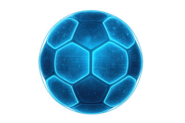 Neon blue holographic soccer ball, glowing with data elements, visualizing future sport, innovation, and digital gaming. Transparent background