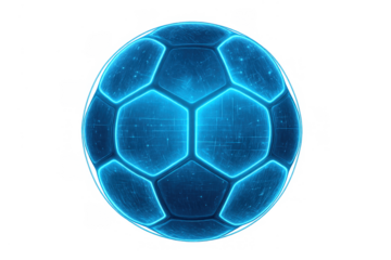Neon blue holographic soccer ball, glowing with data elements, visualizing future sport, innovation, and digital gaming. Transparent background