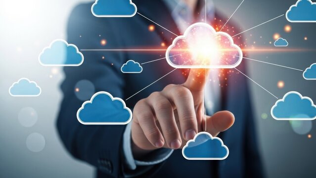 Businessman's hand touching glowing cloud network, illustrating global data connection - Powered by Adobe