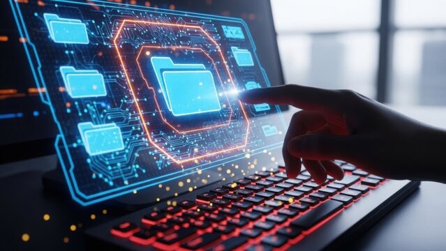 User hand selecting digital folder on a glowing futuristic computer screen interface.