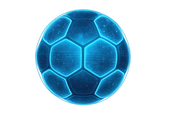Neon blue holographic soccer ball, glowing with data elements, visualizing future sport, innovation, and digital gaming. Transparent background