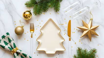 Festive christmas table setting with tree shaped plate and gold ornaments