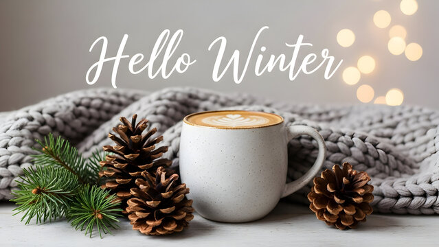 Cozy hello winter scene with hot coffee and pinecones