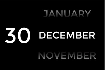 December 30 calendar with black background. A minimalist calendar template with well-structured date boxes and a sleek layout. This image is ideal for illustrating concepts such as time planning