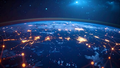 Digital depiction of illuminated Earth at night, with network overlay, viewed from space