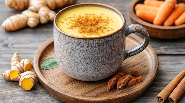 Golden turmeric latte in ceramic cup on wooden tray, warm cozy beverage with spice aroma