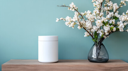 Fototapeta premium White container on wooden table with white blossom branches in glass vase