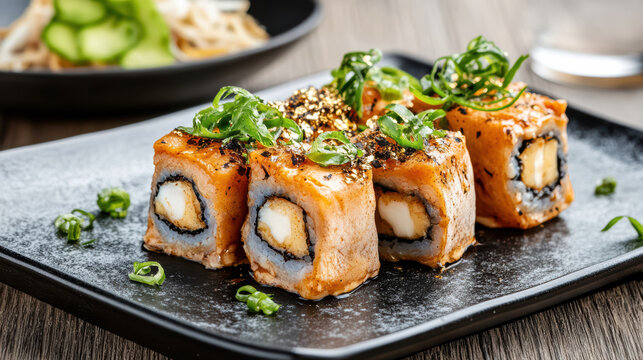Spicy baked sushi roll topped with scallion and sesame, creamy center and elegant garnish
