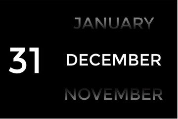 December 31 calendar with black background. A minimalist calendar template with well-structured date boxes and a sleek layout. This image is ideal for illustrating concepts such as time planning